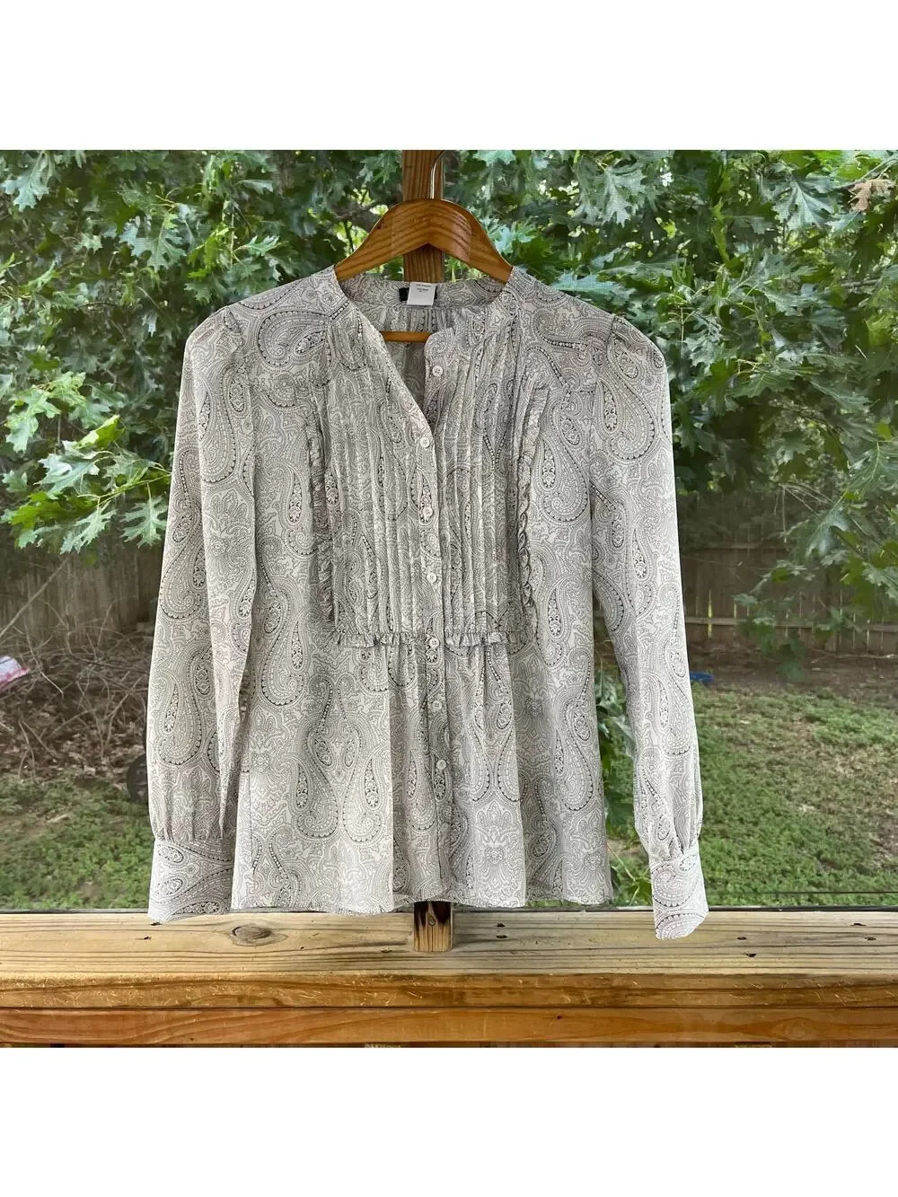 J.Crew Womens Classic Grey Paisley Print Pleated Front Long Sleeve Blouse Size 2
